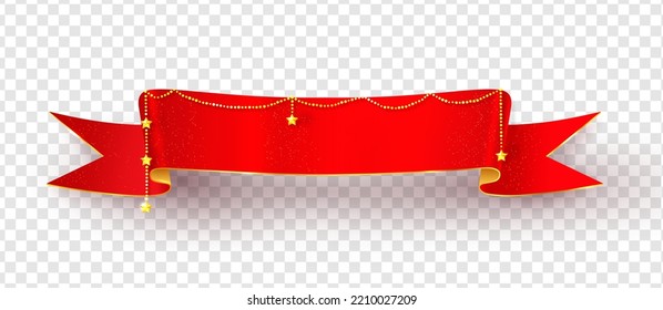Red Christmas festive ribbon banner with shadow.