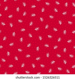 Red christmas festive seamless vector pattern. White doodle fur tree branches and polka dots on red background. Cute hand-drawn holiday texture design. Gift wrapping paper, social media backdrop.