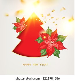 Red christmas fir tree with poisettia flower and golden confetti on background. Vector illustration