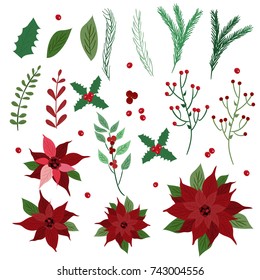 Red Christmas flowers elements. Vector illustration. 