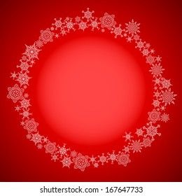 Red Christmas frame with drawn snowflakes around lightened circle