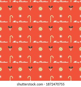 Red christmas geometric seamless pattern. Toys, berries, lettering, candy, star. Wrapping paper. Christmas greetings.