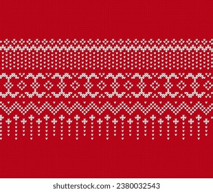 Red Christmas geometrical pattern. Knitted seamless ornament. Xmas print border. Fair isle traditional holiday background. Festive sweater. Vector illustration.