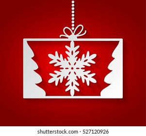 Red Christmas Gift background with paper snowflakes. Christmas card. Xmas invitations template. Vector illustration