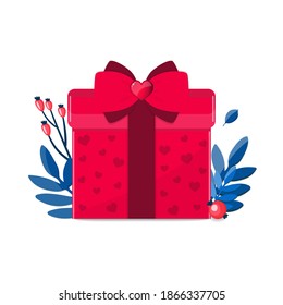 Red Christmas gift with berry, winter branches on a white background. The concept of "new year's mood". Vector illustration