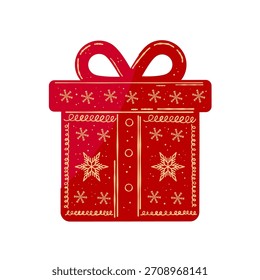 Red christmas gift box decorated with golden snowflakes and ribbon - vector illustration	