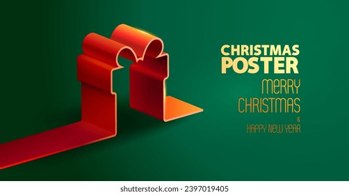 Red Christmas gift box on green background. Unusual 3D stylization. Holiday festive illustration for poster, banner and flyer. Not generated by AI.