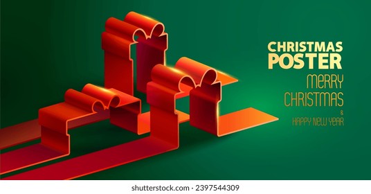 Red Christmas gift boxes on green background. Unusual 3D stylization. Holiday festive illustration for poster, banner and flyer. Not generated by AI.