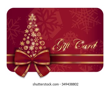 Red Christmas gift card with wine ribbon and gold snowflakes