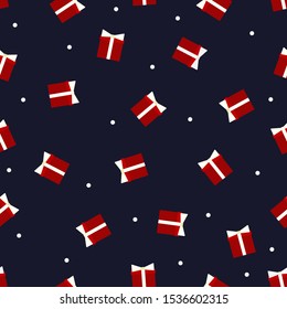 Red Christmas gifts with white tapes and bows on violet background. Seamless winter flat pattern. Suitable for packaging, wallpaper.