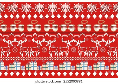 A red Christmas with a gloves, gifts, reindeers, snowflakes, seamless pattern, wrapping paper template on a festive background, The concept of Christmas, New Year, Christmas Eve.