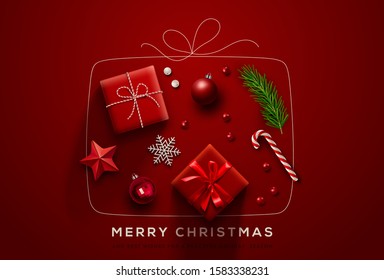 Red Christmas greeting card design with Christmas decor including baubles, gift box, fir tree cuttings, star, snowflake, cane. Vector Illustration.