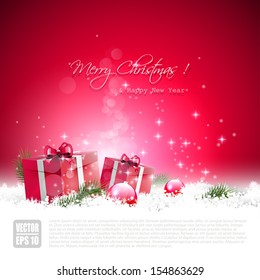 Red Christmas greeting card with gift boxes and baubles in the snow