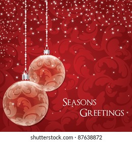 red christmas greeting card with glass baubles and seasonal message
