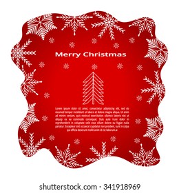 red Christmas greeting card with the image of tree, with snowflakes at the edges
