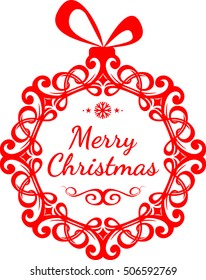 Red Christmas Greeting card with a vintage Christmas ball. With text merry christmas