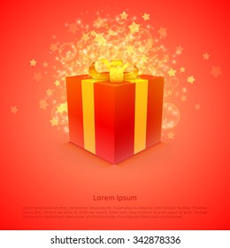 Red Christmas and Happy New Year background with red Gift box,stars and particles. Vector illustration