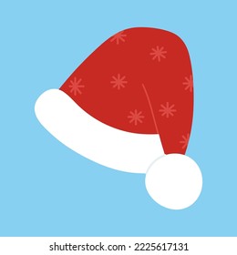 Red Christmas hat isolated on blue background. Santa Claus hat with snowflakes. Vector flat illustration