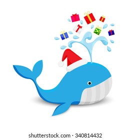 Red Christmas hat Whale with many Gift box Cartoon Vector Design