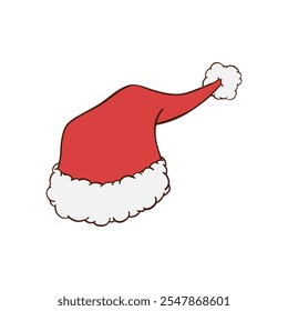 Red Christmas hat with white fluffy fur trim and pom pom hand drawn illustration