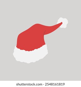 Red Christmas hat with white fluffy fur trim and pom pom hand drawn flat design illustration