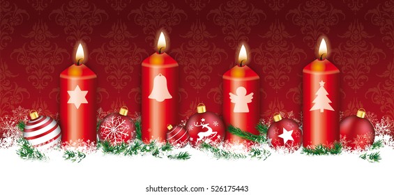Red christmas header with snowflakes, 4 candles and red baubles. Eps 10 vector file.