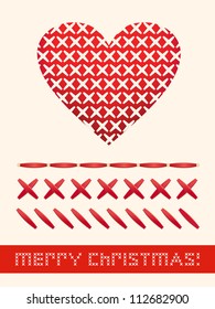 Red christmas heart with stitches. Design set for Happy new year and marry christmas!
