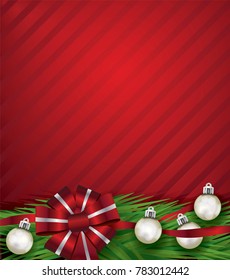 A red Christmas holiday bow and silver ornaments and garland on a red striped background illustration. Vector EPS 10 available.