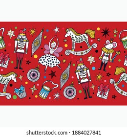  Red christmas horizontal vector seamless Nutcracker border.  Seamless pattern can be used for wallpaper, pattern fills, web page background, surface textures.