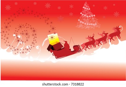 red christmas illustration with sleigh and deers
