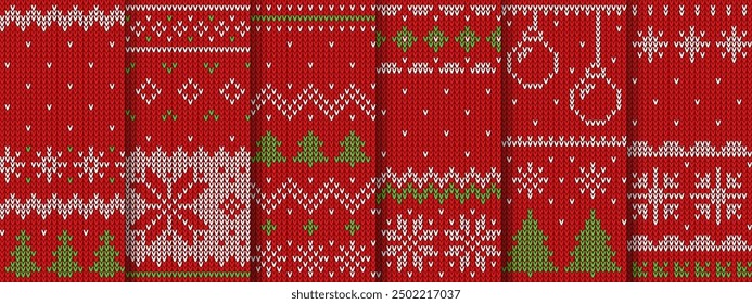 Red Christmas knit patterns, sweater texture or jumper knitted ornaments of vector Xmas winter holidays. Snowflakes, Christmas trees, balls, snow and stars knit patterns, Xmas ugly sweater backgrounds