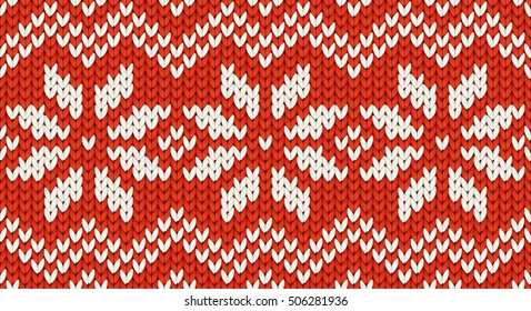 Red Christmas knit vector seamless pattern with white snowflakes and zig zag ornament