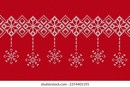 Red Christmas knitted geometrical pattern. Seamless ornament. Fair isle traditional holiday background. Xmas print border. Festive sweater. Vector illustration.