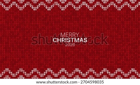 Red christmas knitted pattern with merry Christmas 2026 text. Sweater texture for Winter holiday greeting card design.