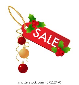 Red christmas label isolated on a white. Vector illustration.