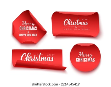 Red Christmas labels and tags. Realistic 3d ribbons isolated on white background