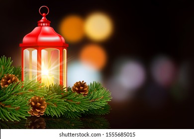 Red Christmas lantern with burning candle inside, decorated with fir tree branches and pine cones. Defocused background with bokeh and night lights. Christmas and New Year Eve cozy scene. Vector.