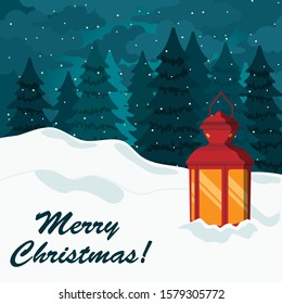 Red christmas lantern on a background of night snowy forest. Merry Christmas Greeting Card. Vector illustration.