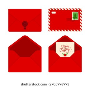 Carta roja de Navidad y sobre con decoraciones festivas. Correo de Festiva, tarjeta de felicitación, franqueo y conceptos de celebración. Ilustración vectorial plana aislada sobre fondo blanco
