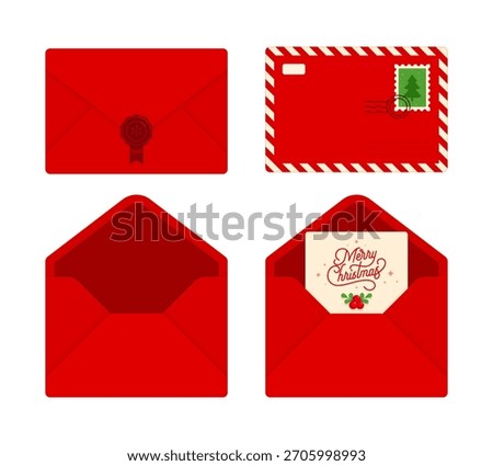 Red Christmas letter and envelope set with festive decorations. Holiday mail, greeting card, postage, and celebration concepts. Flat vector illustration isolated on white background