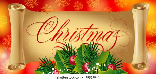 Red Christmas Lettering on Scroll Paper
