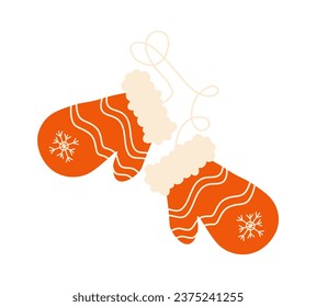 Red Christmas mittens with ornament and rope. Traditional winter clothes, knit mittens for cold season. Isolated. Vector illustration