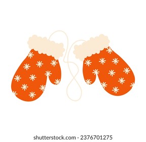 Red Christmas mittens with ornament and rope. Traditional winter clothes, knit mittens for cold season. Isolated. Vector illustration