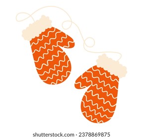 Red Christmas mittens with ornament and rope. Traditional winter clothes, knit mittens for cold season. Isolated. Vector illustration