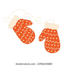 Red Christmas mittens with ornament and rope. Traditional winter clothes, knit mittens for cold season. Isolated. Vector illustration
