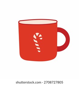 Taza de Navidades rojas con el símbolo del bastón de caramelo. Taza de invierno festiva simple en estilo de Vector plano. Ilustración de la bebida de Festiva aislada en el fondo blanco.