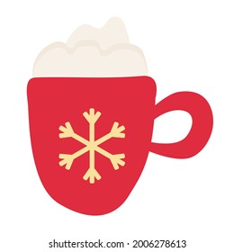 Red Christmas mug of cappuccino decorated with a gold snowflake. Great for greeting cards, poster design. Vector hand drawn illustration isolated on white.