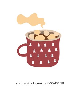 Red Christmas mug with a pattern. Hot coffee or cocoa with marshmallows. Vector on white. Isolated