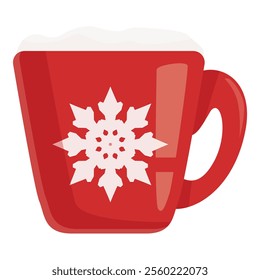 Red christmas mug with snowflake filled with hot chocolate and topped with whipped cream