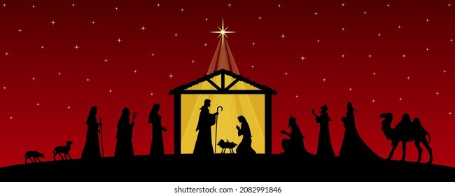 Red Christmas Nativity scene greeting card background. Vector EPS10.